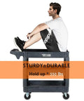 Heavy Duty Plastic Utility Cart With Wheels 550 Lb Capacity Three Tier Rolling Storage Organizer For Garage Warehouse And Industrial Use Built Tough Workhorse On Wheels, featuring a person seated on top for strength demonstration.