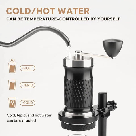 Close-up of Dope Portable Manual Espresso Maker with temperature control for hot, tepid, and cold water extraction.