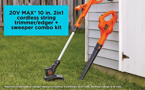 Cordless 20V Max String Trimmer Edger And Sweeper Combo Kit With 10 Inch Cutting Swath leaning against a white shed on grass