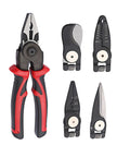 Multipurpose Wire Strippers And Crimping Pliers With Quick Change Heads For DIYers And Home Pros, shown with red ergonomic grips.