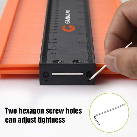 Close-up of Lockable Contour Gauge Ruler Set with hexagon screw holes for tightness adjustment, shown with hand tool.