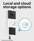 Hella Crisp 2K Wireless Smart Video Doorbell With Built In Chime, showing local and cloud storage options with microSD slot.