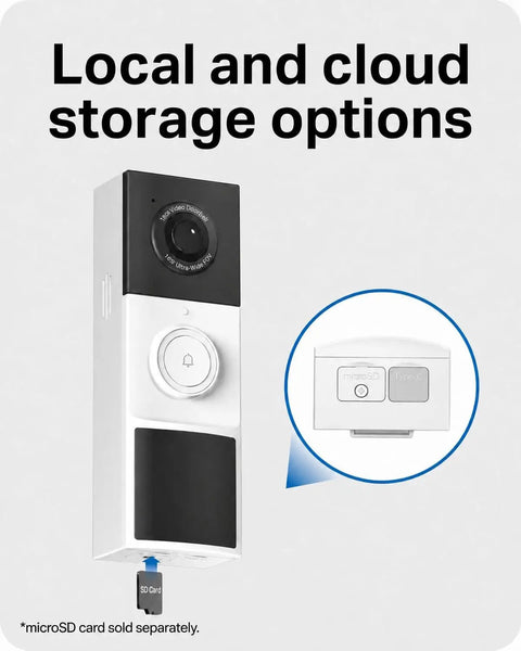 Hella Crisp 2K Wireless Smart Video Doorbell With Built In Chime, showing local and cloud storage options with microSD slot.