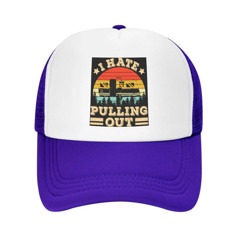 I Hate Pulling Out Funny Camper RV Camping Trailer Mesh Trucker Hat For Guys And Gals Lightweight Baseball Cap front view