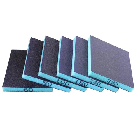 Top Shelf Workhorse Sanding Sponge Set Six Piece Kit With 60 To 320 Grit Double Sided Blocks Wet Dry Use On Wood Metal Auto Body Smooth Out Scratches And Blemishes Daily, six sanding sponges arranged by grit.