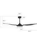Modern Indoor Outdoor Smart Ceiling Fan 56 Inch Black With Remote, Alexa Google Home Siri Compatible, side view with dimensions