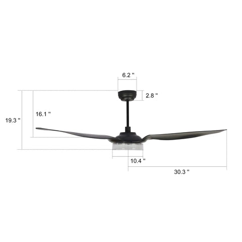 Modern Indoor Outdoor Smart Ceiling Fan 56 Inch Black With Remote, Alexa Google Home Siri Compatible, side view with dimensions