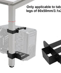 Under Desk PC Mount Clamp displaying adjustable setup for 80x50mm table legs, showcasing carbon steel material and design.