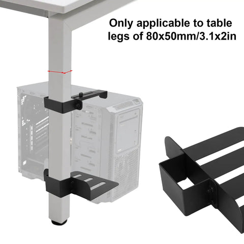 Under Desk PC Mount Clamp displaying adjustable setup for 80x50mm table legs, showcasing carbon steel material and design.