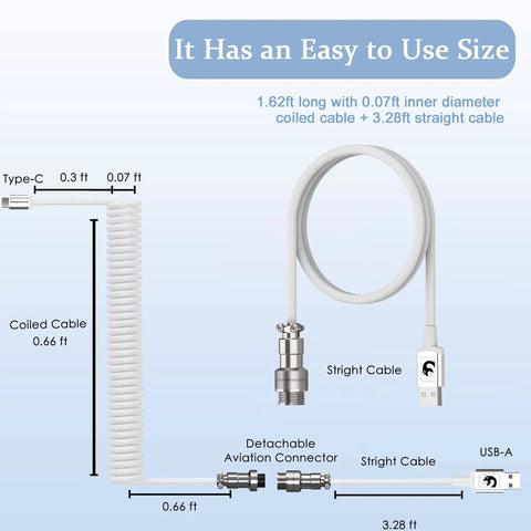 Pro Tier Coiled Gaming Keyboard Cable, USB Type C To USB A Mechanical Switch Spring Cord With Detachable Connector, Tangle Free TPU Shielding, Blazing Fast Sync And Slick Zero Drag For PC Gamers White