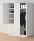 White wardrobe with open doors showing clothes and shelves, featuring heavy duty 316 stainless steel door hinges two pack 54x37mm thickened gate and furniture butt hinges for home and marine use anti rust and quiet operation.