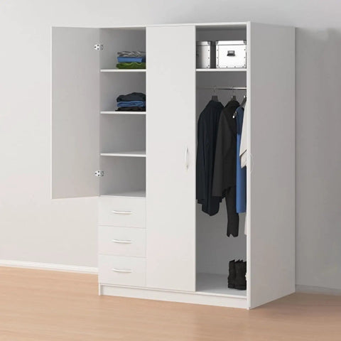 White wardrobe with open doors showing clothes and shelves, featuring heavy duty 316 stainless steel door hinges two pack 54x37mm thickened gate and furniture butt hinges for home and marine use anti rust and quiet operation.