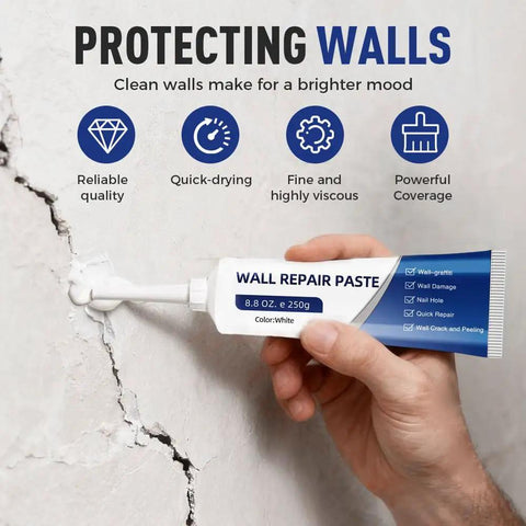 Person using Fast Drying Drywall Repair Kit With Scraper And Patch Paste For Holes And Cracks White Spackle Wall Repair Paste tube on cracked wall.