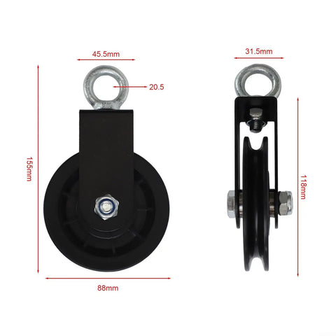 Front and side view of 88mm cable pulley wheel with heavy duty nylon bearing for gym pulley systems and home gym fitness equipment in black finish.