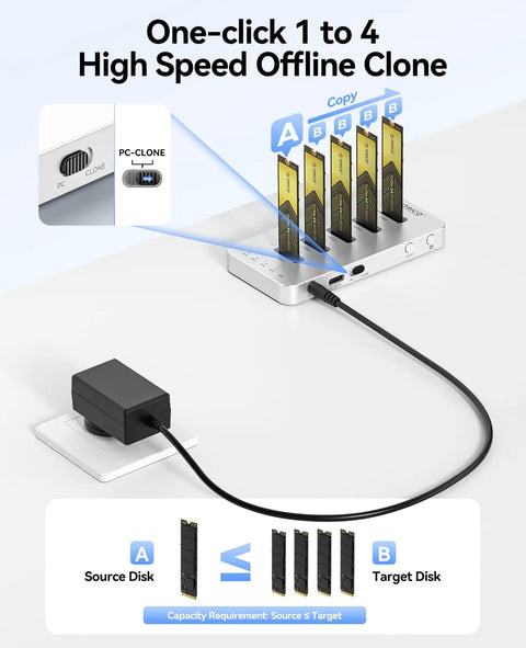 Built Different Five Bay M.2 NVMe SATA SSD Docking Station With One Click Offline Clone for data migration with multiple SSDs.
