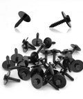 Thirty Piece Heavy Duty Hex Head Self Tapping Screws M4.2 X 20mm Black Phosphate Finish With Seven Mm Hex Drive Rigged Right Automotive Hardware for Dash Panels and Brackets on white background.