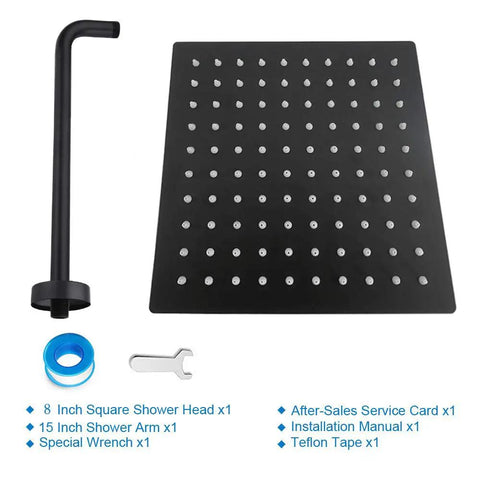 Square Rain Shower Head With 15 Inch Extension Arm 8 Inch Matte Black Stainless Steel Rainfall Shower Head For Full Body Coverage And Dope Waterfall Flow and accessories
