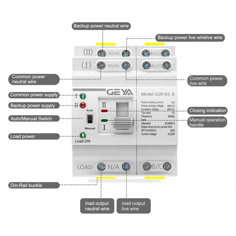 Dual Power Transfer Switch Auto And Manual Mode With Over And Under Voltage Protection Solar Ready Uninterruptible Power Supply DIN Rail Mounted 4 Pole 63A AC 110V showing connection points and Auto/Manual switch.