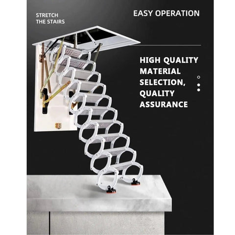 Heavy Duty Electric Remote Attic Ladder Smooth Gliding Pull Down Loft Stairs Retractable Ceiling Staircase Carbon Steel Folding Access No Sweat One Button Control 70 X 100 Cm with extended staircase view.