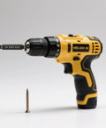 Yellow drill with HSS 4341 #2 bit next to a screw for Six Piece Damaged Screw Extractor Set For Easy Out Bolts, Stripped Screw Remover Tool, And Stud Removal, Professional Drill Bit Kit For Removing Broken Bolts And Screws