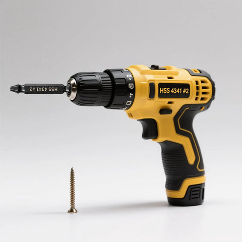 Yellow drill with HSS 4341 #2 bit next to a screw for Six Piece Damaged Screw Extractor Set For Easy Out Bolts, Stripped Screw Remover Tool, And Stud Removal, Professional Drill Bit Kit For Removing Broken Bolts And Screws