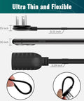 Flat Plug Extension Cord 12 Ft With Slick Space Saving Plug Design And Thin Flat Cable Low Profile Power Cord 3 Prong Grounded Wire 16 Gauge 13 Amp 125 Volt Black ETL Certified shown in ultra-thin black design with measurements.