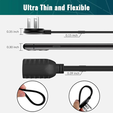 Flat Plug Extension Cord 12 Ft With Slick Space Saving Plug Design And Thin Flat Cable Low Profile Power Cord 3 Prong Grounded Wire 16 Gauge 13 Amp 125 Volt Black ETL Certified shown in ultra-thin black design with measurements.