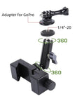 Fence Mount For Cell Phones And Action Cameras On Chain Link Fence Attaches To Baseball Softball Tennis Fences For iPhone GoPro Insta360 Mevo Start Recording Clip Holder With Strong Knob Fixation For Stable Secure Shots During Rugged Play shown disassembled with 360-degree rotation.