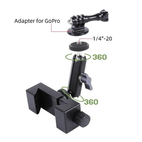 Fence Mount For Cell Phones And Action Cameras On Chain Link Fence Attaches To Baseball Softball Tennis Fences For iPhone GoPro Insta360 Mevo Start Recording Clip Holder With Strong Knob Fixation For Stable Secure Shots During Rugged Play shown disassembled with 360-degree rotation.