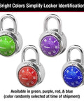 Colorful locker lock combination padlocks in green, purple, red, blue for school and gym use, 1 pack with durable metal body.