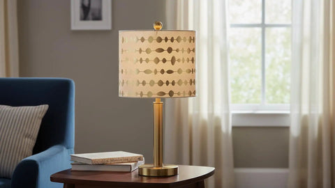 Transitional Drum Lamp Shade With Spider Construction Beige Faux Linen Fabric And Gold Print 12 Inch Wide Brass Fitter