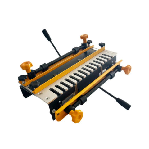 Precision Dovetail Router Jig Built Tough Aluminum Template For Smooth Sailing In Drawer And Cabinet Joinery Professional Woodworker Alignment Tool Accommodates Up To Twelve Inches, shown with adjustable clamps.