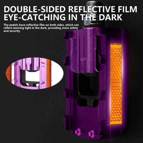 Foldable Bike Pedals Aluminum Alloy 9 Sixteenth Inch With Reflective Strips, Non Slip, Purple, close-up view