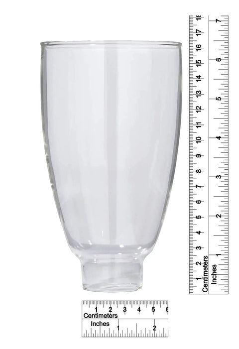 Clear Glass Colonial Style Lamp Shade For Sconces And Hanging Lights Six And A Half Inches Tall Three And Three Quarter Inches Wide Fitter One And Five Eighths Inches Vintage Look With Crisp Transparency For Classic Home Lighting with ruler showing dimensions.