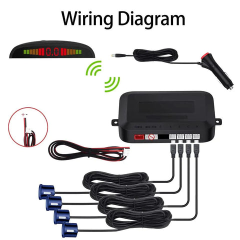 Wireless Parking Sensor System With 4 Blue Backup Sensors, LED Distance Display, Sound Warnings, Plug In No Wiring Diagram.