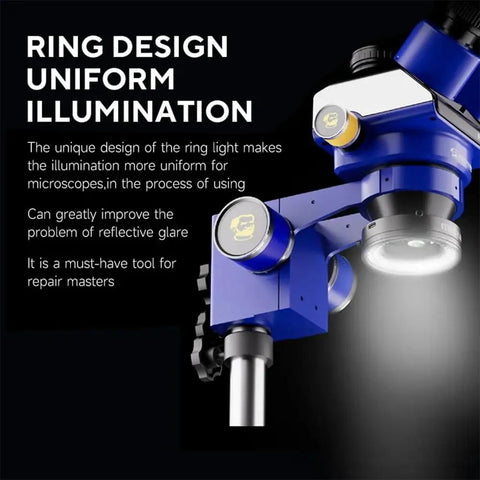 Polarized Microscope Ring Light With Adjustable 72 LED Source Anti Glare Eliminates Reflections For Stereo Microscope And Camera Dual Polarization Optical Lenses Rotatable Refraction Angles Pro Grade Bright Even Illumination mounted on blue stereo microscope