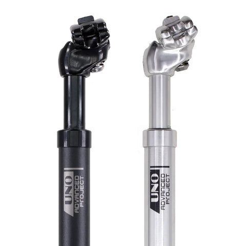 Suspension Seatpost With MDU Rubber Memory Damper For A Cushy Ride 45mm Travel Ultralight Aluminum Body in black and silver