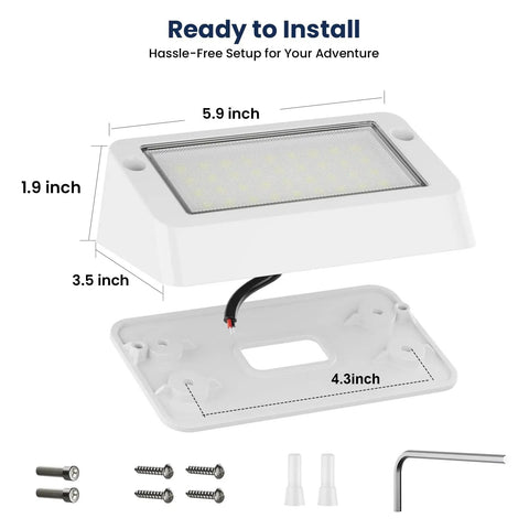 Aluminum RV Porch Light With Dual Color White And Amber, 1400 Lumen Outdoor Lamp components and dimensions shown