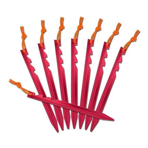7075 Aluminum Tent Stakes 15 Pack Ultralight Tri Beam Pegs with reflective ropes arranged in a fan shape