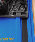 Shop Favorite Track Saw Guide Rail Extender Kit Featuring Two 55 Inch Aluminum Tracks With Rock Solid Couplers And Rugged Canvas Sling For Straight Shots And Clean Cuts On Any Project, close-up of connector on blue aluminum track.