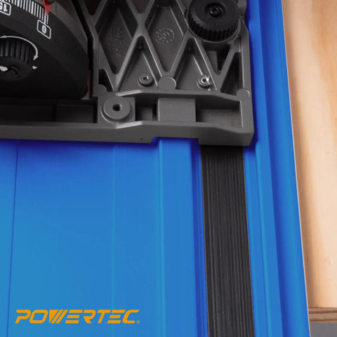 Shop Favorite Track Saw Guide Rail Extender Kit Featuring Two 55 Inch Aluminum Tracks With Rock Solid Couplers And Rugged Canvas Sling For Straight Shots And Clean Cuts On Any Project, close-up of connector on blue aluminum track.