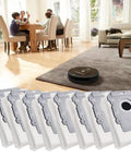 Eight Pack Roomba Vacuum Bags For I7 I8 S9 J7 With Clean Base in modern living room with robot vacuum on carpet