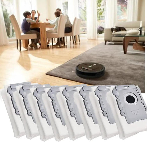 Eight Pack Roomba Vacuum Bags For I7 I8 S9 J7 With Clean Base in modern living room with robot vacuum on carpet
