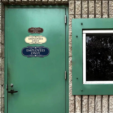 Employees Only Sign For Offices And Shops In Brushed Gold Finish Large Size Easy To Install Workplace Safety Sign For Restricted Areas In Busy Workspaces on green door