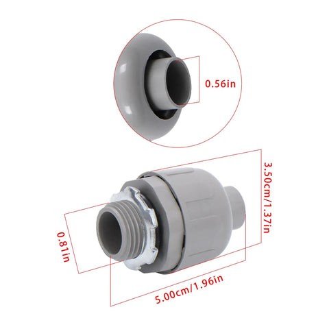 No Sweat Half Inch Npt 180 Degree Straight Conduit Connector Plug 20 Pack Toolless Slide Setup Tough Steel Hybrid Impact Proof Electrical Wire Cable Fitting Set, gray conduit plug with dimensions shown.