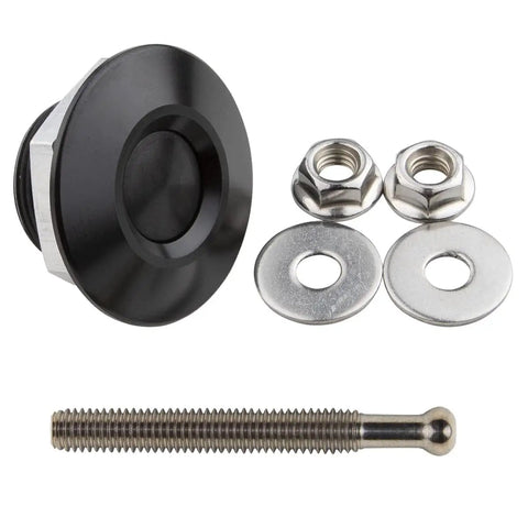 Pack Of Four Universal Aluminum Hood Pins 1.25 Inch Quick Release Lock Clip with hardware for car bumpers and hood latches.