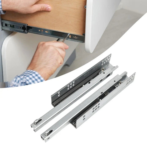 Two Piece Bottom Mount Drawer Slides for Furniture installation with metal rails, under mount glide, hidden hardware for cabinets.