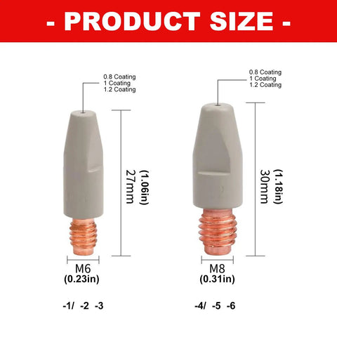 Image of product sizes for Coated Copper Welding Nozzle For High Precision Automotive And Metal Fabrication, Pro Grade Electrical Conductivity, Easy Install Copper Conducting Nozzle For Multiple Machines, Durable Industrial Welding Accessory. Shows M6 and M8 sizes with their respective dimensions and coating details.