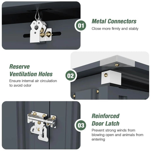 Heavy Duty Outdoor Trash Can Storage Shed With Bike Shed Design, Rugged Galvanized Steel Construction details: latch, connectors