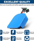 Blue Bosch 18V Battery Power Wheels Adapter Kit with wiring and fuse protection, highlighting quality features and protection icons
